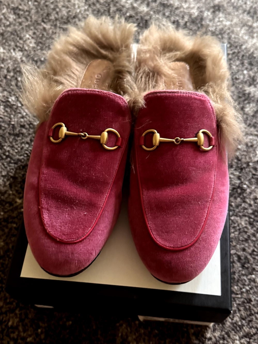 Gucci Pink Velvet Fur-Lined Horsebit Mules